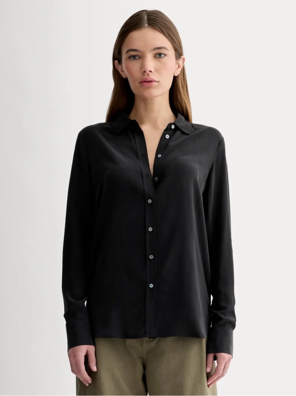 Everlane The Clean Silk Relaxed Shirt Black Size 00 100% Silk NWOT